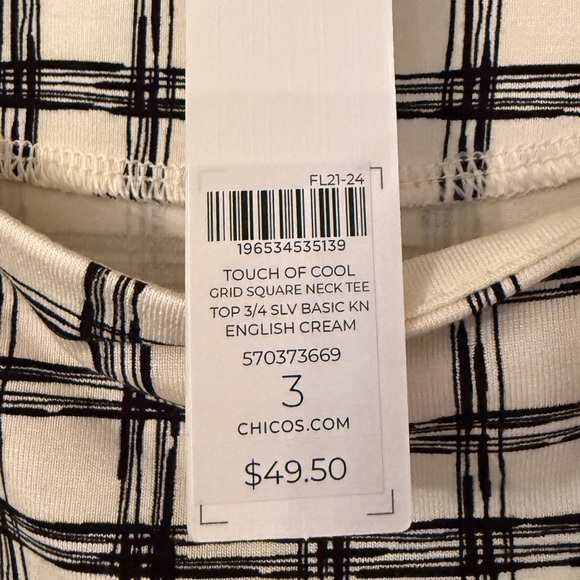 Chicos Size 3 Black & Cream Grid Pattern Square-Neck Lined Shirt, 3/4 Sleeve NWT - Picture 11 of 15